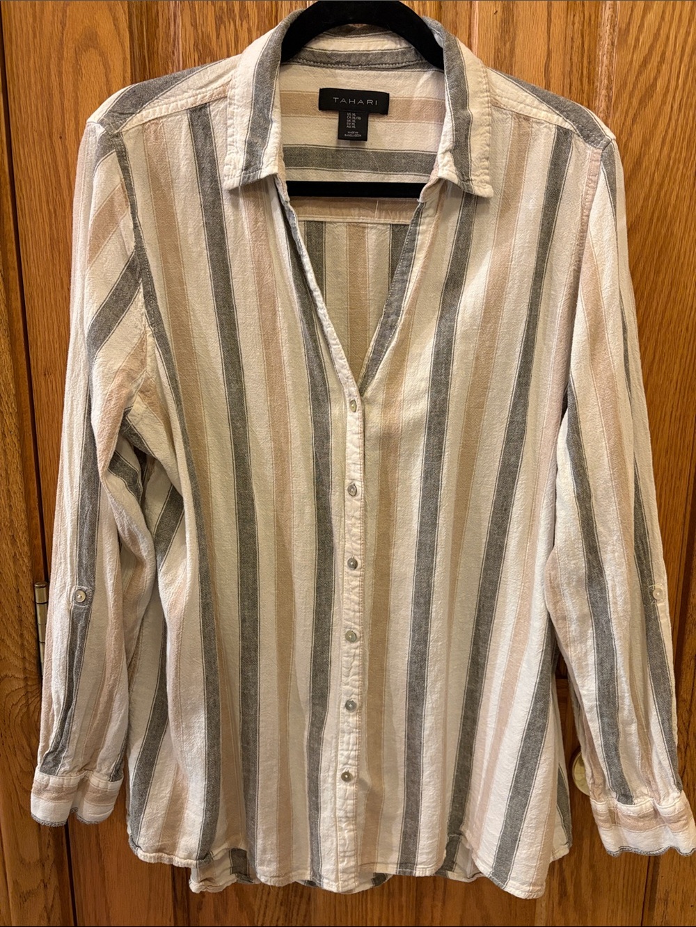 Tahari Cream, Beige & Gray Striped Button-Down Women's Shirt